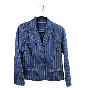 Chicos Denim Blazer Jacket Size 0 Small white Pin Striped Career Wear Business